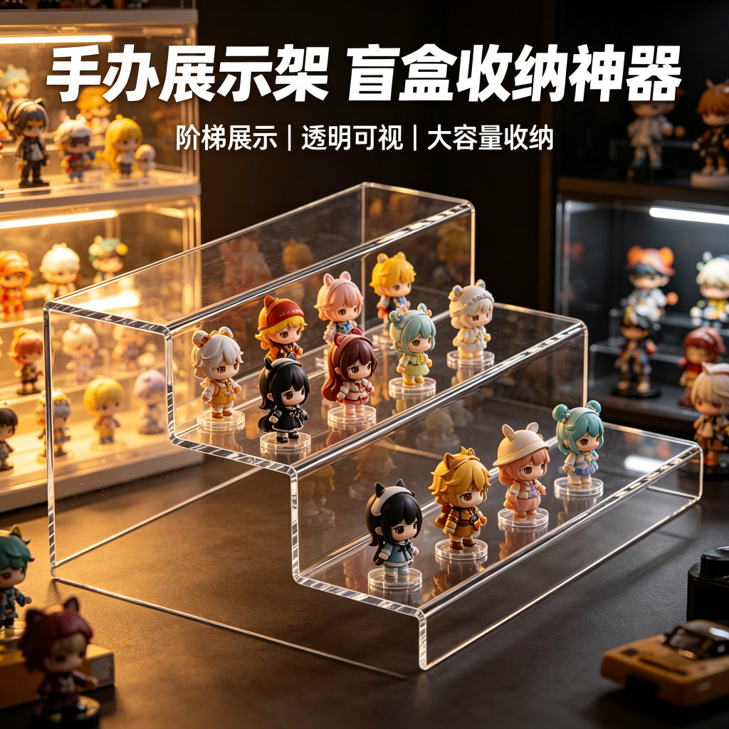 泡泡玛特陈列架亚克力阶梯展示架直播手办玩具盲盒收纳盒透明桌面立牌摆件展示台化妆品置物架鞋架定制展示柜