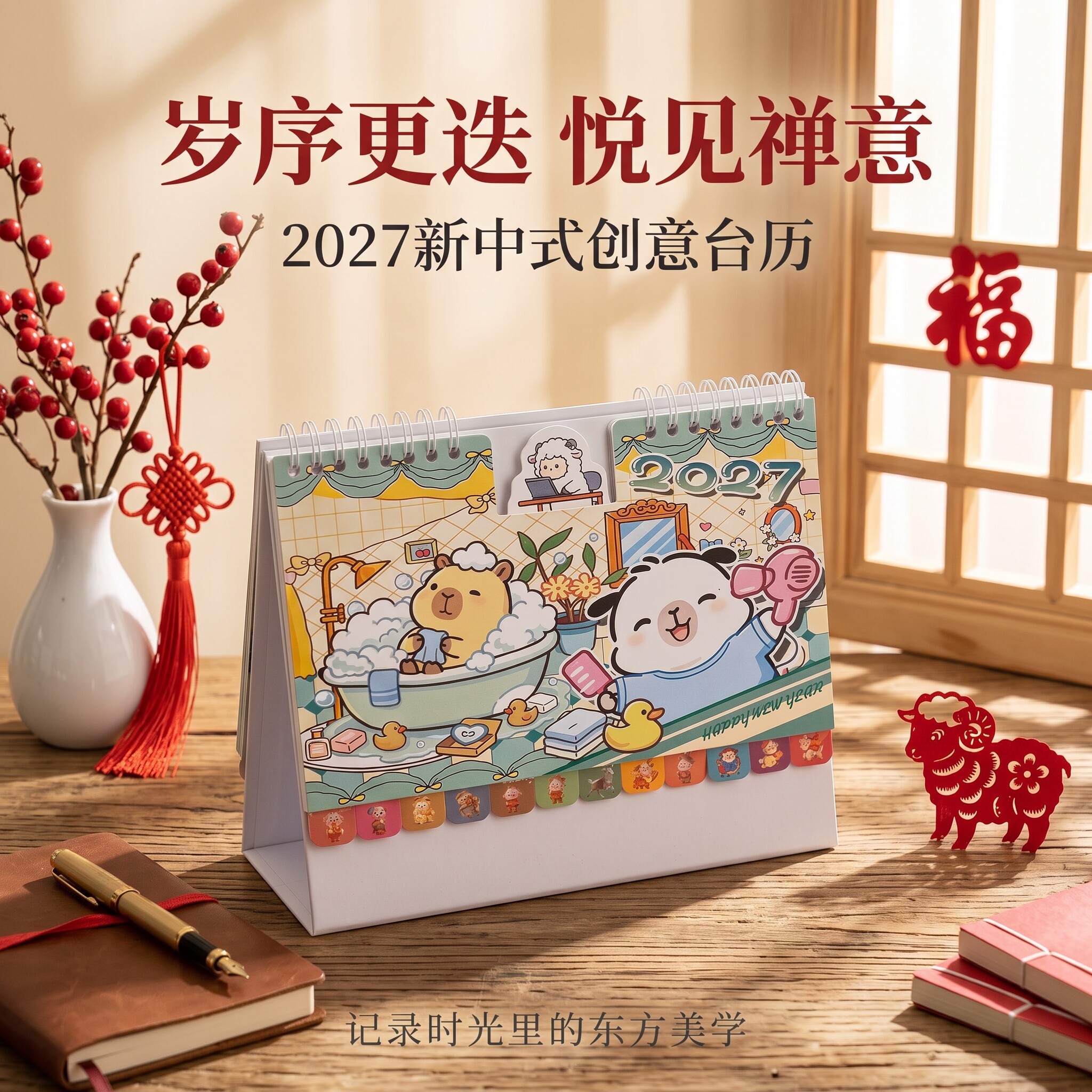 2027羊年台历纸架年历台历2027年日历桌面摆件笔筒收纳日历架办公室商务高档款公司前台会议室书房客厅办公桌