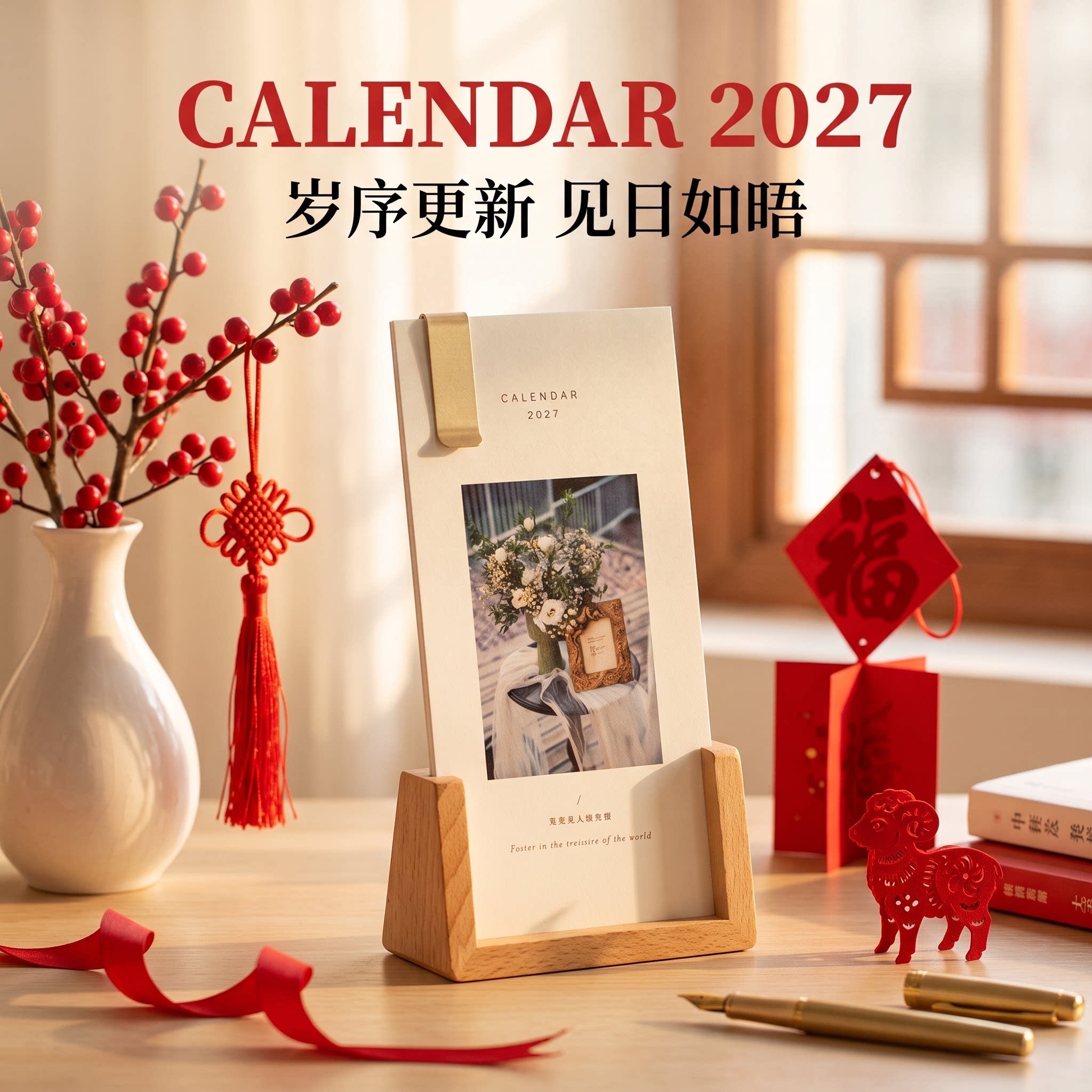 2027羊年定制实木台历高级简约照片日历自制相册台历桌面摆件纪念礼物情侣亲子照片定制新年创意礼品原木底座