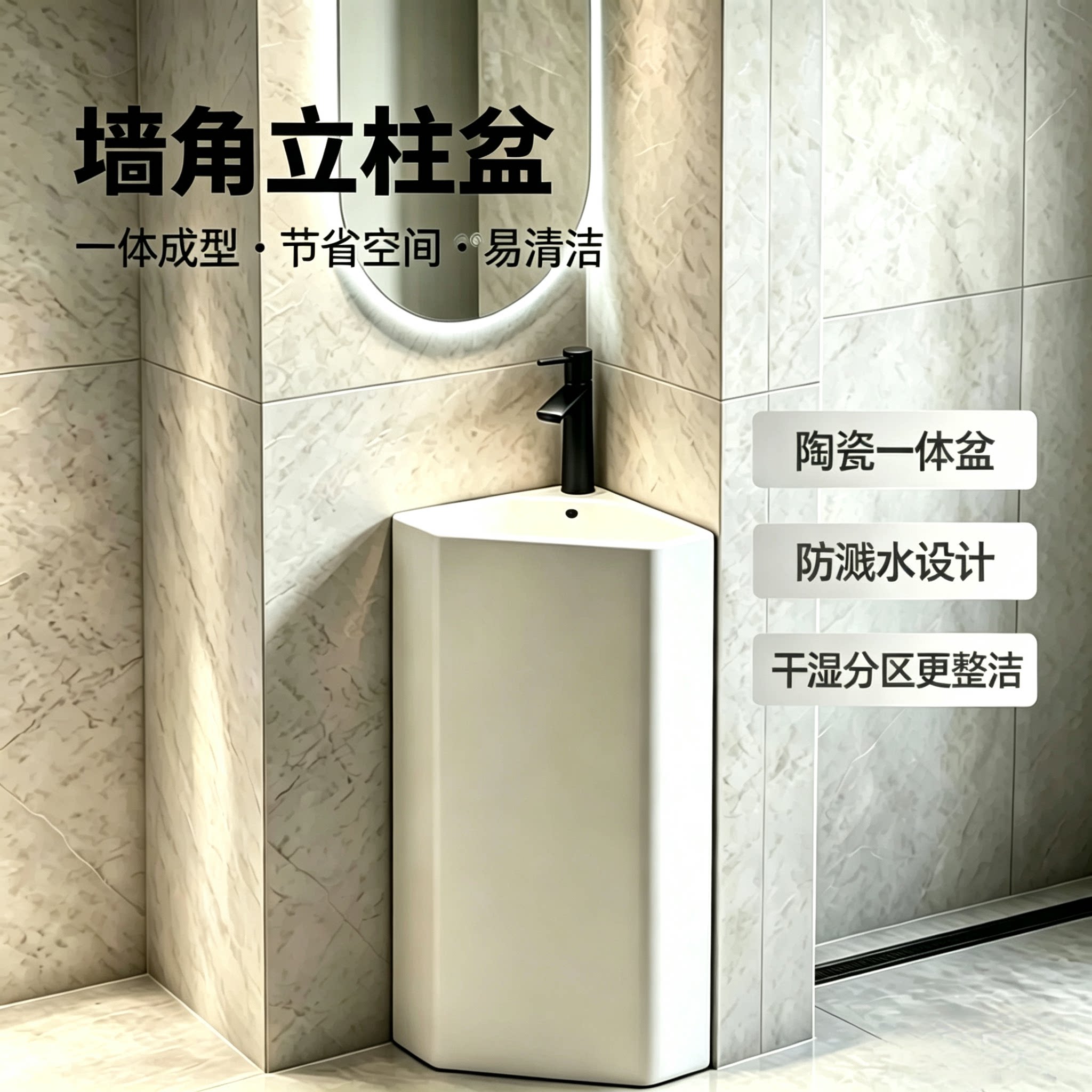 陶瓷一体落地式三角立柱盆洗手盆拐角转角洗脸盆阳台墙角洗漱盆