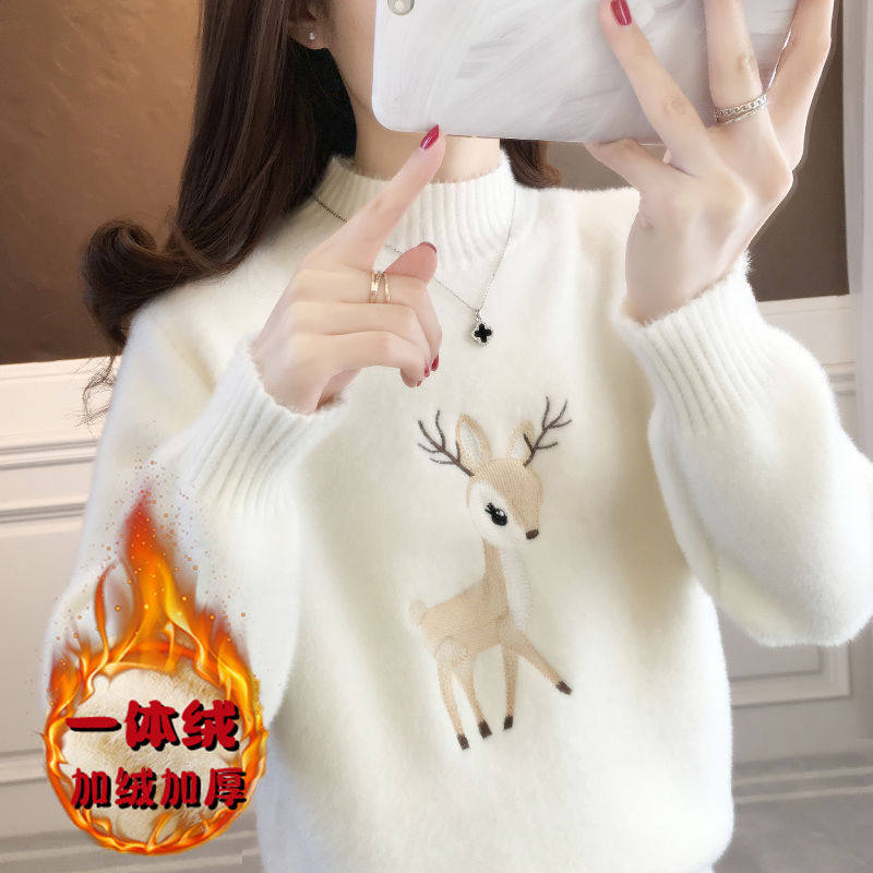 2024秋冬水貂绒加厚半高领初中高中生毛衣女特厚黄金貂毛衣套头