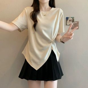 胖mm不规则遮肚显瘦微胖上衣 大码 杏色正肩t恤短袖 女2025新款 夏季