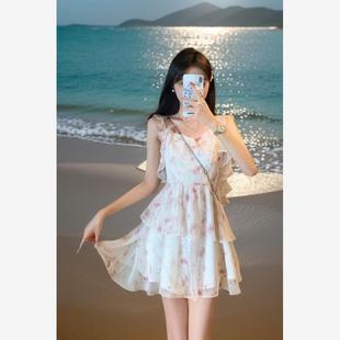2024法式 收腰显瘦仙女蝴蝶结碎花吊带a字连衣裙 初恋甜美夏季 新款