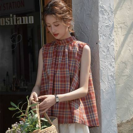 夏季新款无袖立领蝴蝶结格纹衬衫女设计感小众宽松背心上衣小个子