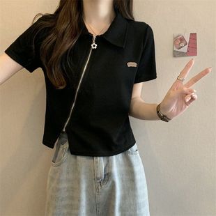 拉链t设计感小众韩系美式 polo衫 正肩大码 女短袖 辣妹上衣服 T恤短款