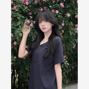 纯棉藏青色正肩短袖 宽松慵懒风显瘦休闲上衣 T恤女夏季 薄2025新款