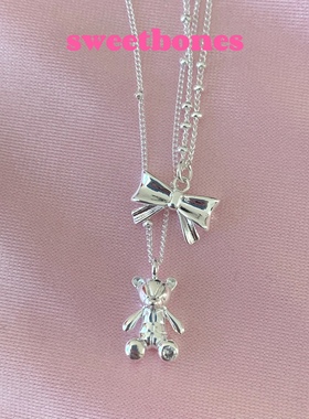 sweetbones通体925纯银芭蕾风蝴蝶结小熊项链叠戴高级感不掉色