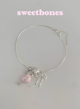sweetbones纯银925手镯粉色爱心蝴蝶结星星手镯 芭蕾少女风饰品