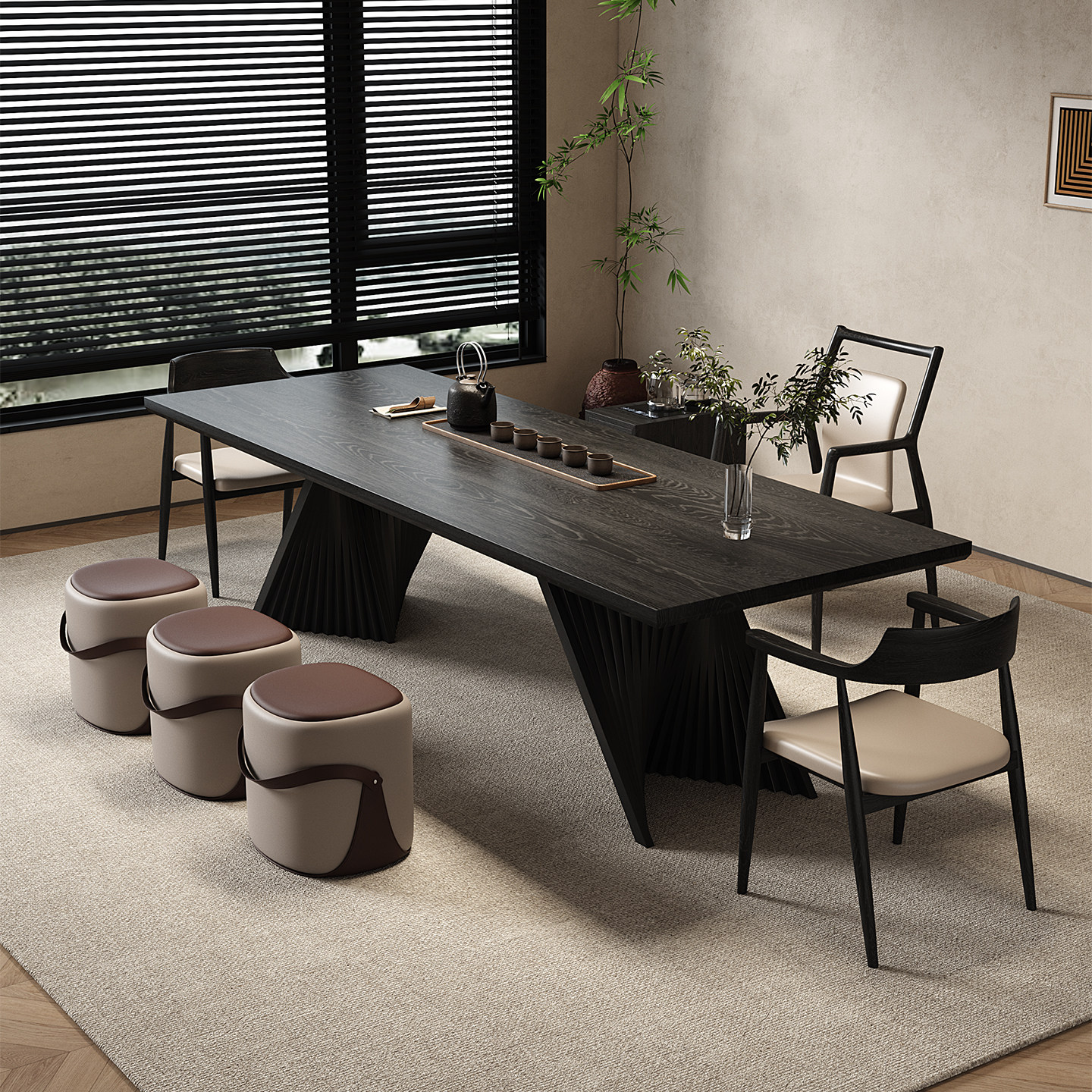 轻奢实木黑色家用客厅茶办一体桌茶台现代简约设计师茶桌椅组合