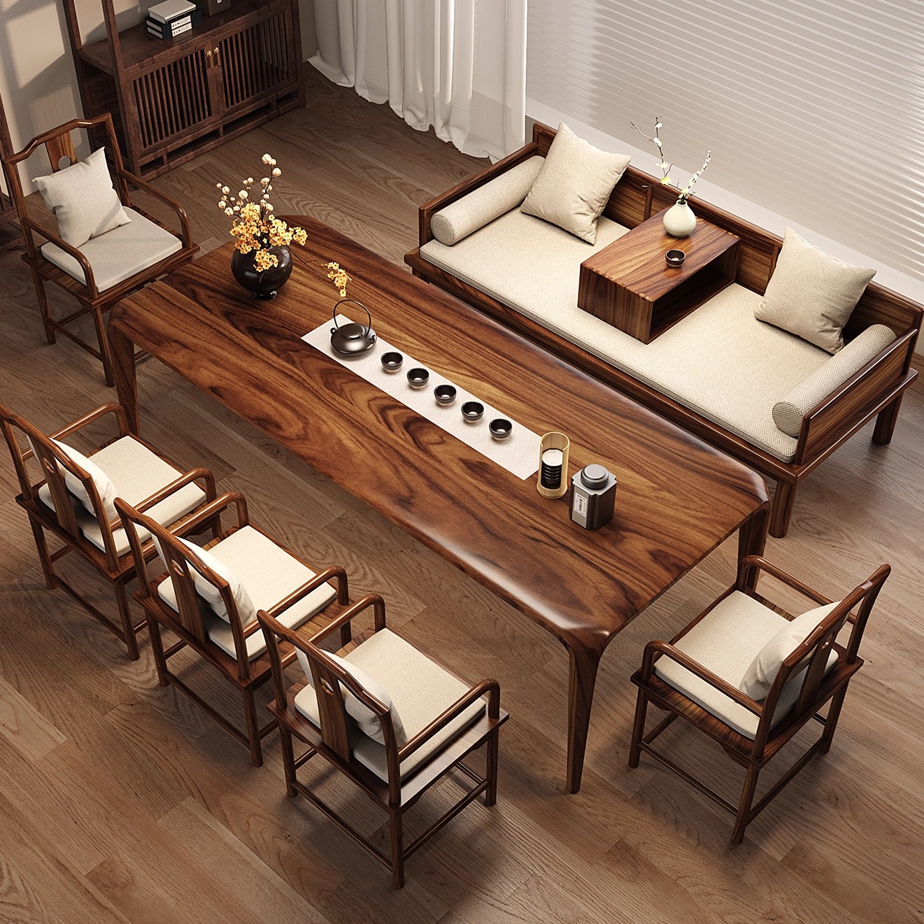 南美胡桃木茶桌椅罗汉床组合客厅家用办公室新中式实木茶几茶台
