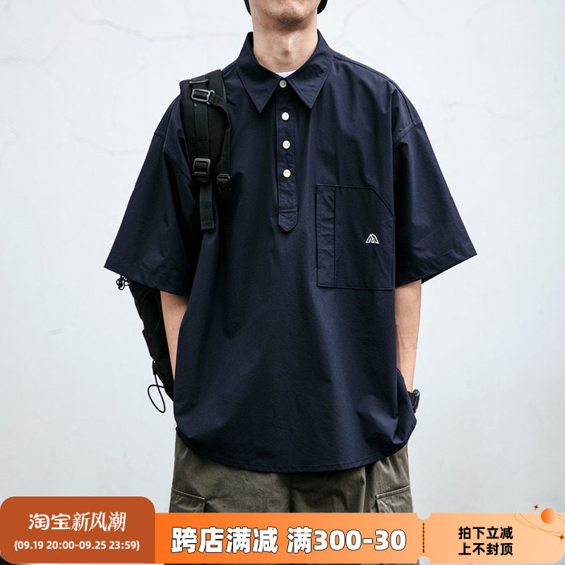 夏季户外工装短袖衬衫男潮牌宽松POLO领痞帅衬衣百搭休闲翻领T恤