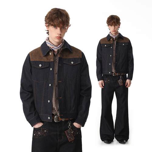 TREND ST巴恩风牛仔夹克 麂皮拼接明线原色牛仔外套 正肩外套秋季
