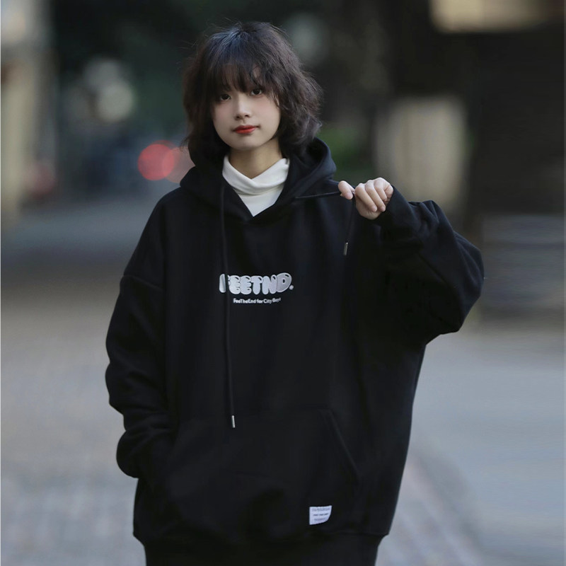 阿于呆 春秋美式重磅黑色连帽卫衣男宽松复古百搭新款加绒上衣女