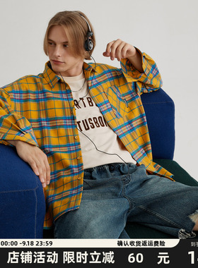 HeartBoon 黄色格子长袖衬衫男设计感美式复古宽松情侣潮牌外套女