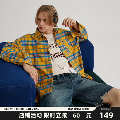 HeartBoon 黄色格子长袖衬衫男设计感美式复古宽松情侣潮牌外套女