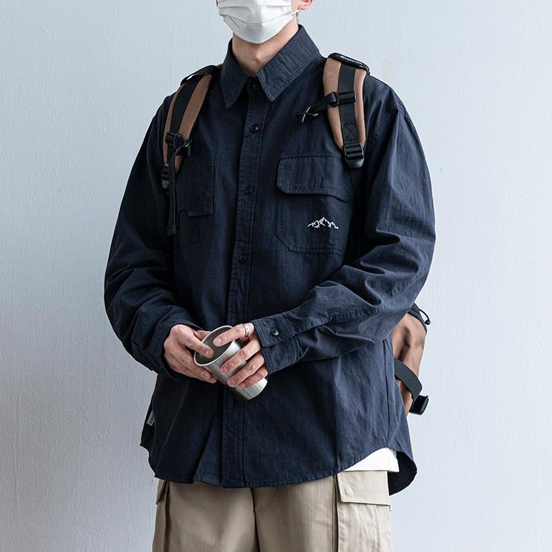 日系复古痞帅工装长袖衬衫男潮牌纯棉衬衫休闲夹克外套春秋季男装