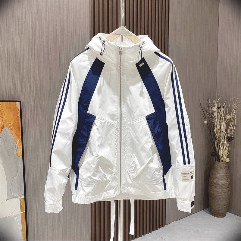 春季拼色条纹冲锋衣男士薄款百搭连帽上衣时尚帅气宽松休闲夹克男