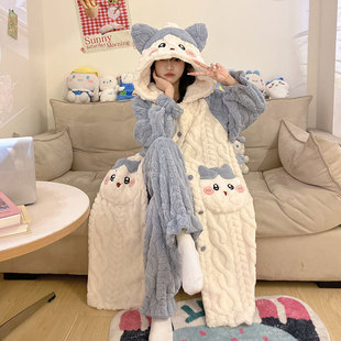 睡衣女秋冬季加绒加厚睡袍珊瑚绒学生宿舍可外穿套装甜美可爱