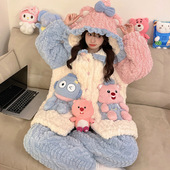 珊瑚绒夹棉三层加厚睡衣女冬季 拉链连帽新款 家居服法兰绒加绒保暖