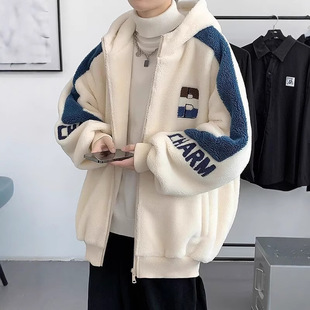 青少年羊羔毛绒外套男款冬季加绒厚连帽潮保暖初高中大学生棉衣服