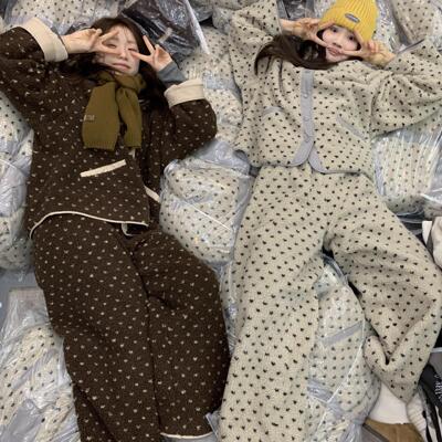 冬季新款加厚保暖家居服套装可外穿韩系甜美复古碎花珊瑚绒睡衣女