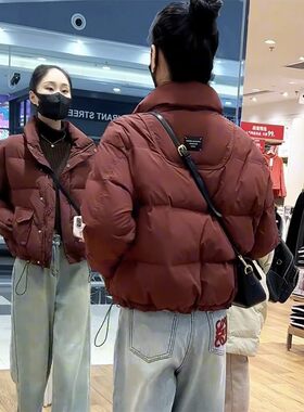 短款棉衣女年新款韩版宽松加厚保暖面包服外套酒红色