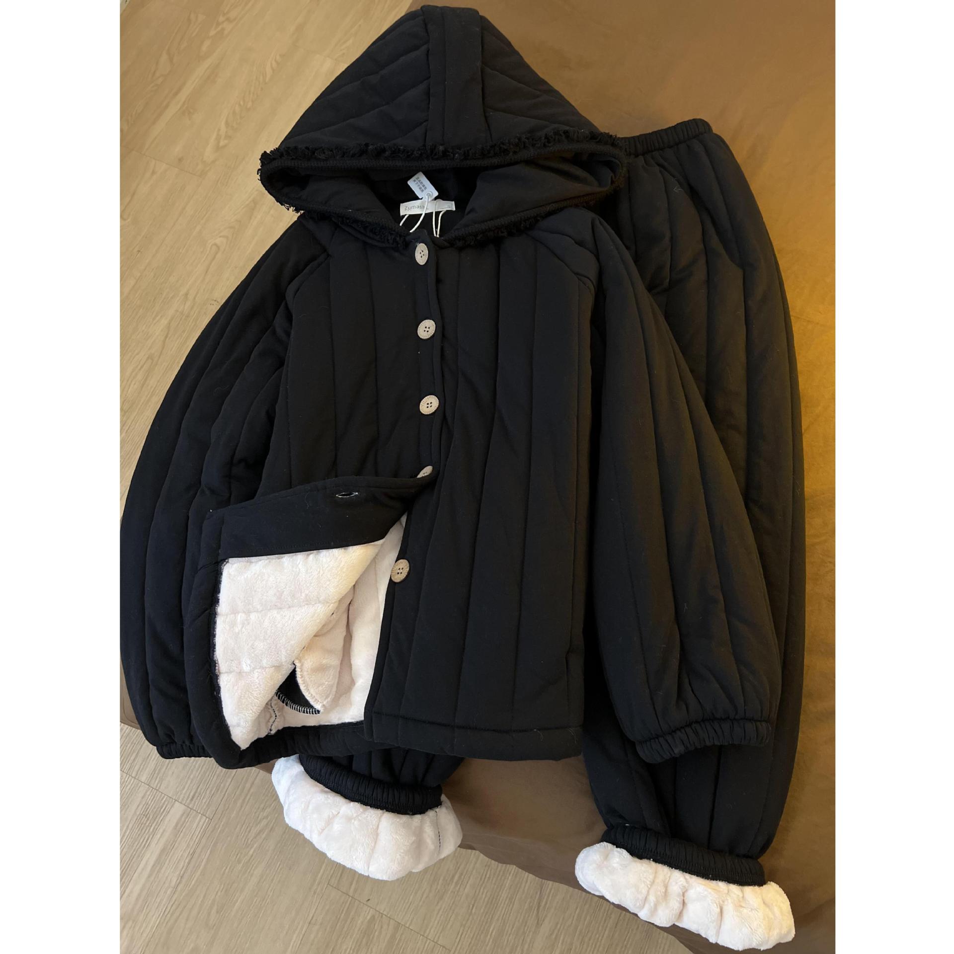 韩版三层夹棉睡衣女秋秋冬季加厚黑色连帽棉服外套保暖家居服套装