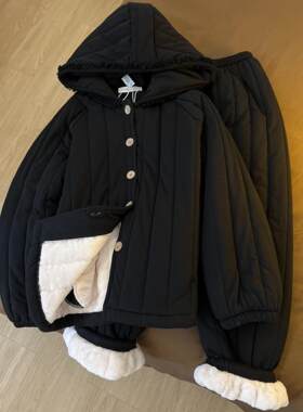 韩版三层夹棉睡衣女秋秋冬季加厚黑色连帽棉服外套保暖家居服套装
