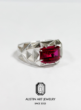 AUSTIN翱森·几何风马赛克切割宝石戒指 培育红宝石925银镀18K金
