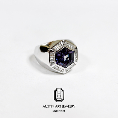 AUSTIN翱森·几何设计六边形戒指 男戒 培育蓝宝石925银镀18K金