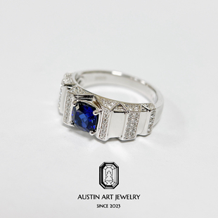 AUSTIN翱森·精工简约中性风戒指 男戒 培育蓝宝石 S925银镀18K金