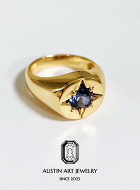 AUSTIN翱森·八芒星中性风印章戒 男戒 培育蓝宝石 银厚镀18K金