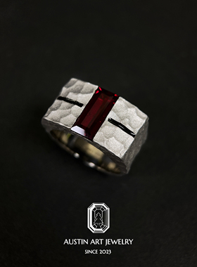AUSTIN翱森·淬火熔金 锤纹喷砂工艺质感男戒 培育红宝石 925银