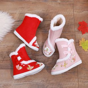 汉服靴女童冬季绣花鞋古装加绒古风棉靴汉服鞋中国风小公主雪地靴