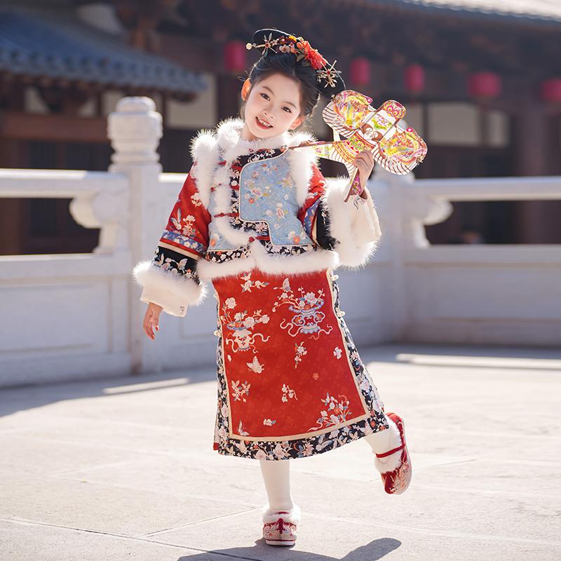 女童汉服秋冬加绒清宫格格服套装小女孩古风旗袍马甲两件套拜年服