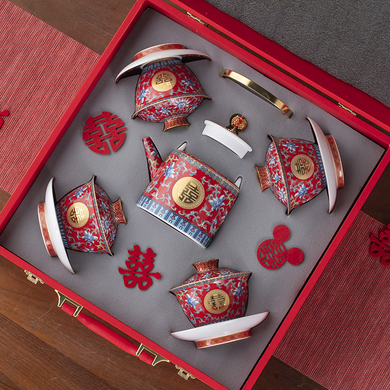 景德镇珐琅彩结婚敬茶套装改口敬茶杯盖碗茶壶新婚陪嫁高档礼盒装