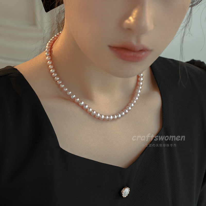 粉紫色6mm近圆淡水珍珠项链女