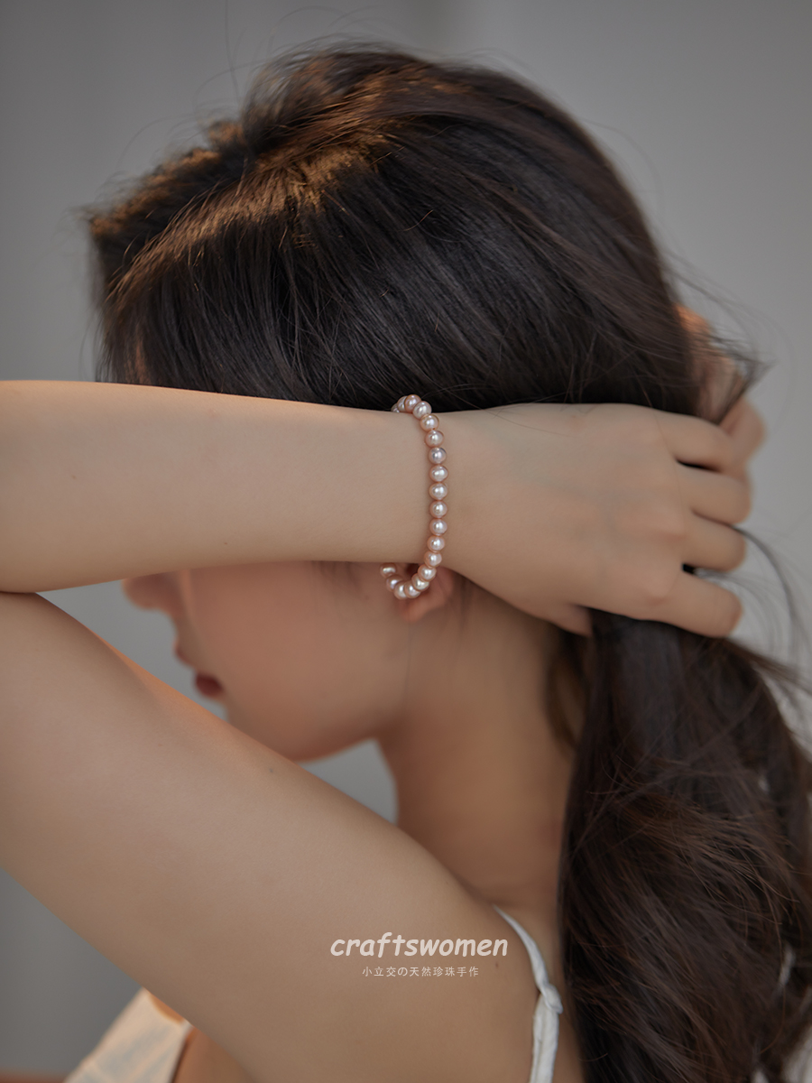 粉紫色天然近圆6mm淡水珍珠手链