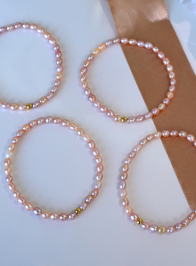 小立交《粉紫色与白色》14K包金天然极强光4mm米形淡水珍珠手链女