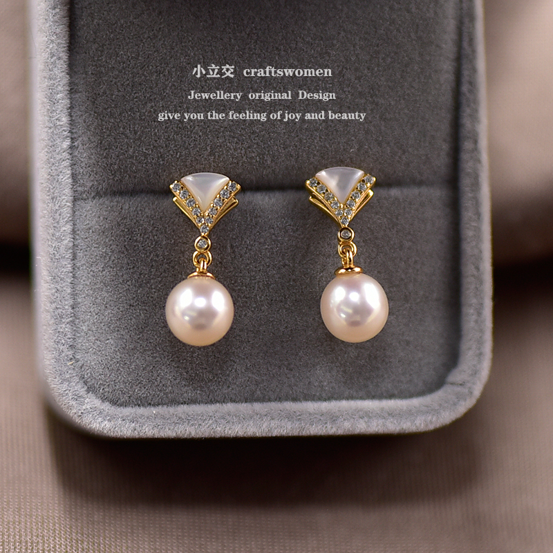 扇形小裙子天然珍珠白贝母耳环女