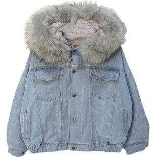 冬季新款韩版宽松加厚毛绒毛领牛仔外套女短款加绒羊羔毛棉服
