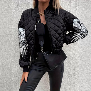 冬季爆款女装希音秋冬黑色闪片棉服休闲款式