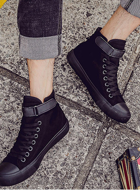 全黑色高帮男鞋情侣时尚韩版女鞋街舞个性潮流高邦帆布鞋