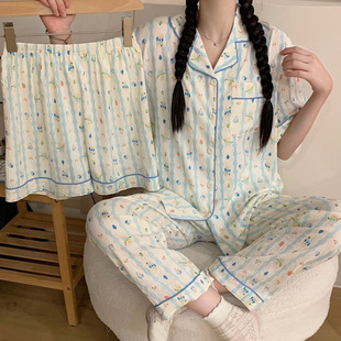 网红棉三件套春夏季睡衣女士蓝色小熊短袖短裤大码家居服