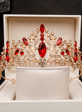 儿童皇冠女童生日头饰公主高端大气红色水晶王冠发箍女孩演出发饰