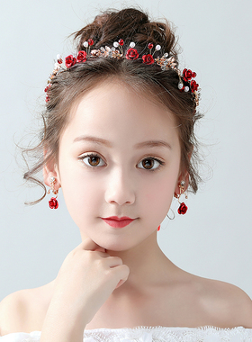 红色儿童头花饰品公主可爱女童发箍演出女孩生日森系花朵发饰皇冠