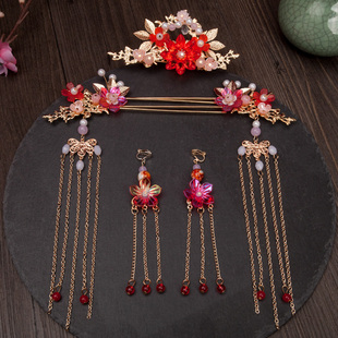 儿童汉服发饰女全套发簪子发髻古风头饰女童唐风流苏发冠红色套装