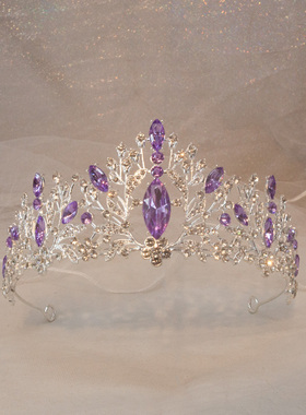 儿童皇冠头饰紫色水钻韩式奢华女童公主气质女神十八岁生日大王冠