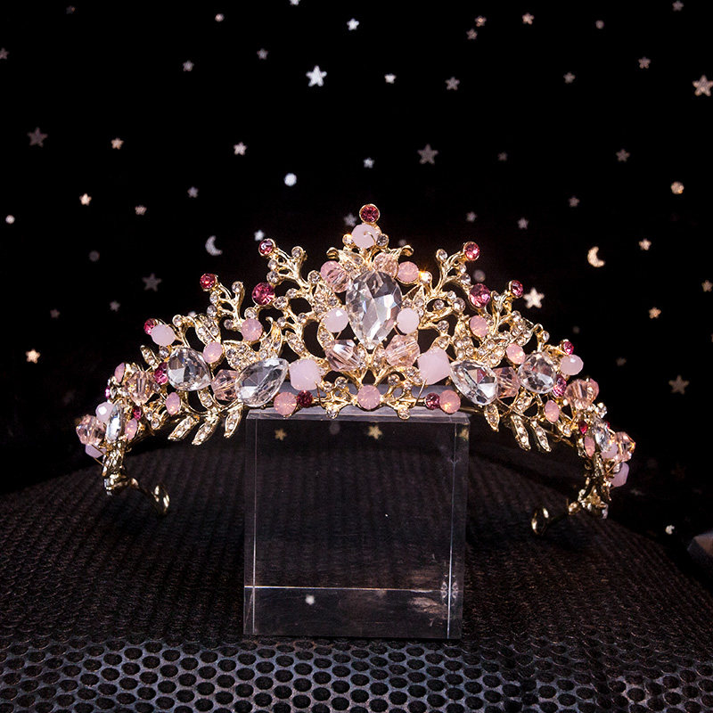 新款儿童皇冠头饰粉色水晶巴洛克女童毕业晚会生日甜美公主风发饰