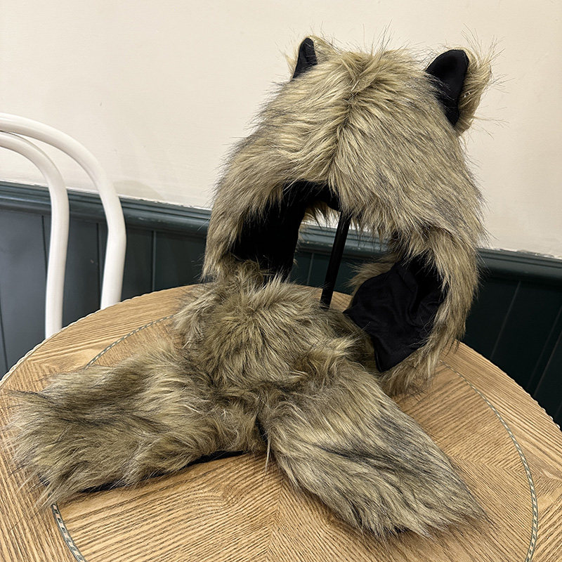 日系秋冬帽子护脖一体辣妹毛绒帽女仿皮草手套围巾小狐狸帽子搭配